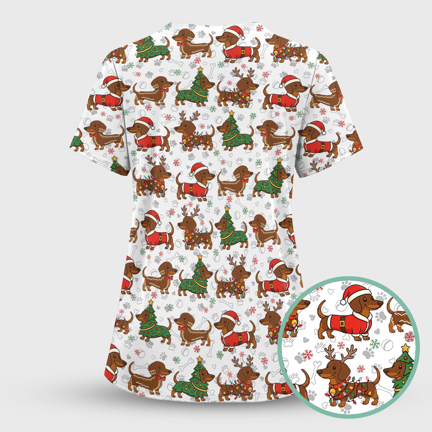 Holiday Dachshund Christmas Scrub Top - Funny Wiener Sausage Dog Nurse Shirt - Adorable Dog Lover Gift for RN CNA LPN