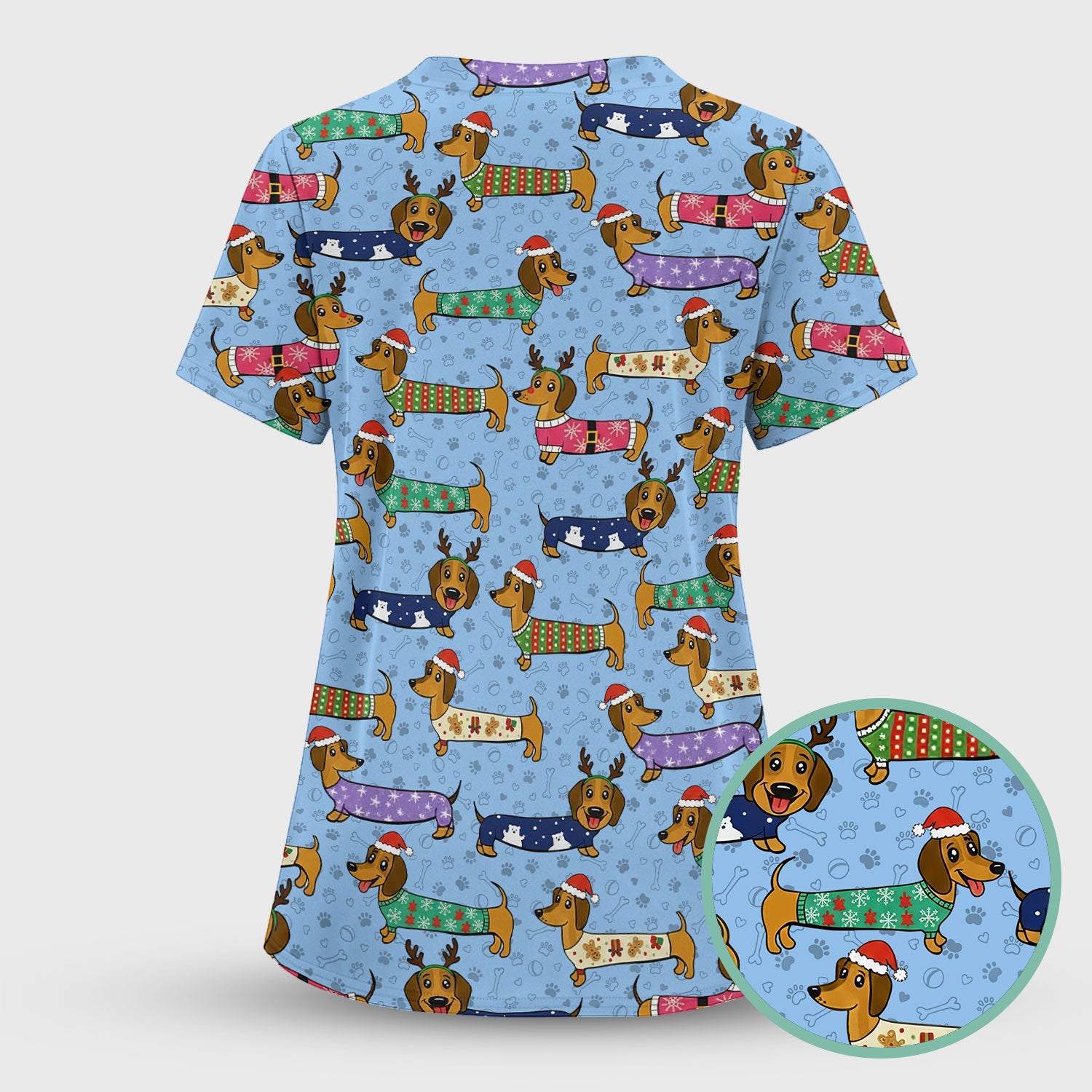 Funny Dachshund Dog Christmas Scrub Top for Nurses - Holiday Reindeer Wiener Dog Shirt - Cute Vet Tech Uniform Gift