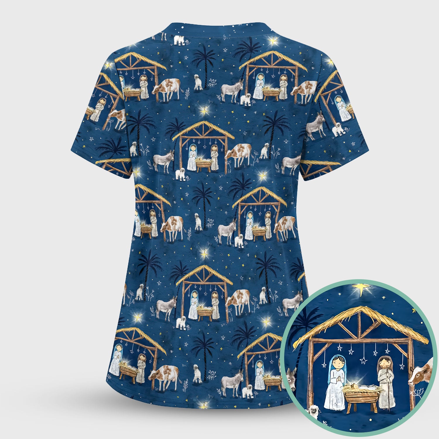 Christmas Nativity Scrub Top for Women - Holy Night Manger Scene - Religious Holiday Nursing Uniform Shirt