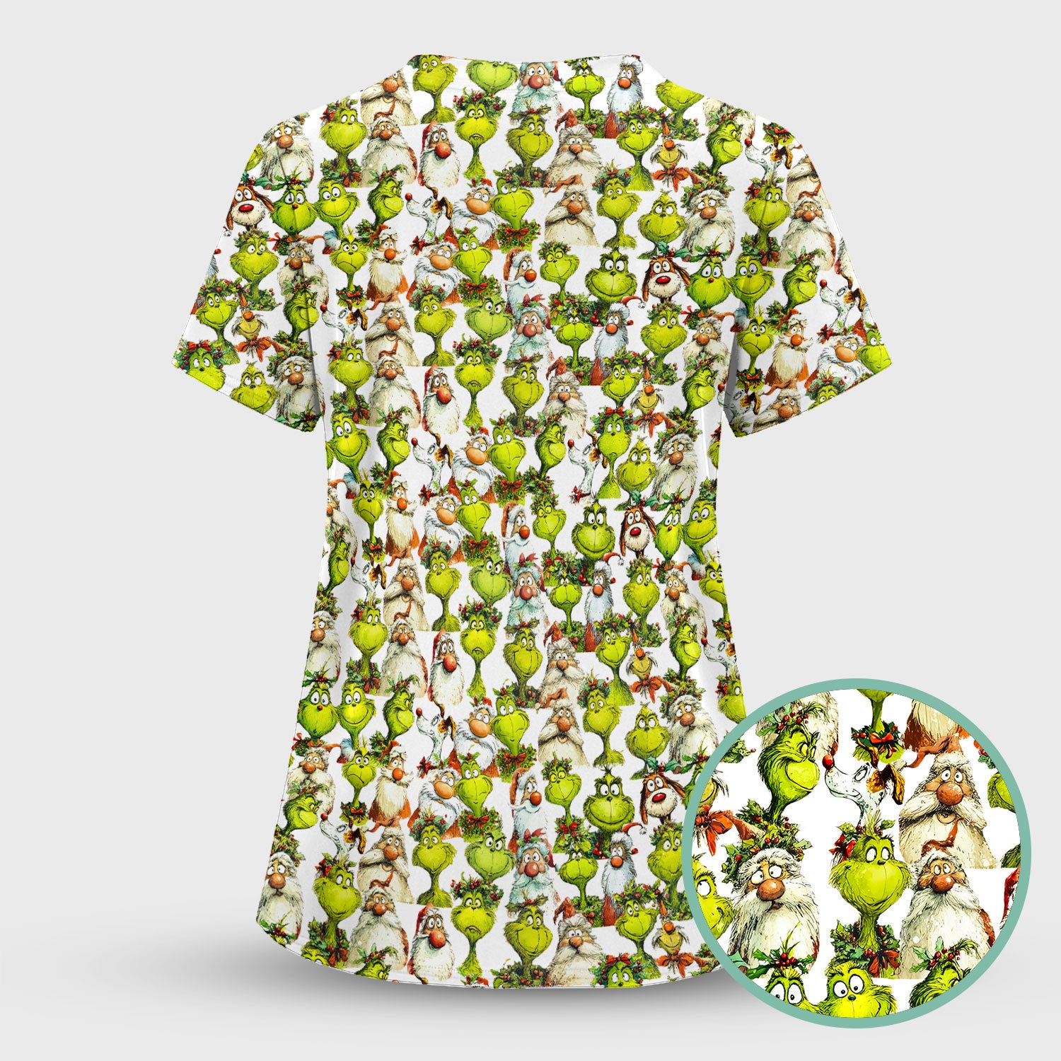 Grinch Nurse Scrub Shirt Multi Colors - Funny Cartoon Character Scrub Top - Christmas Holiday Nursing Workwear with Pockets