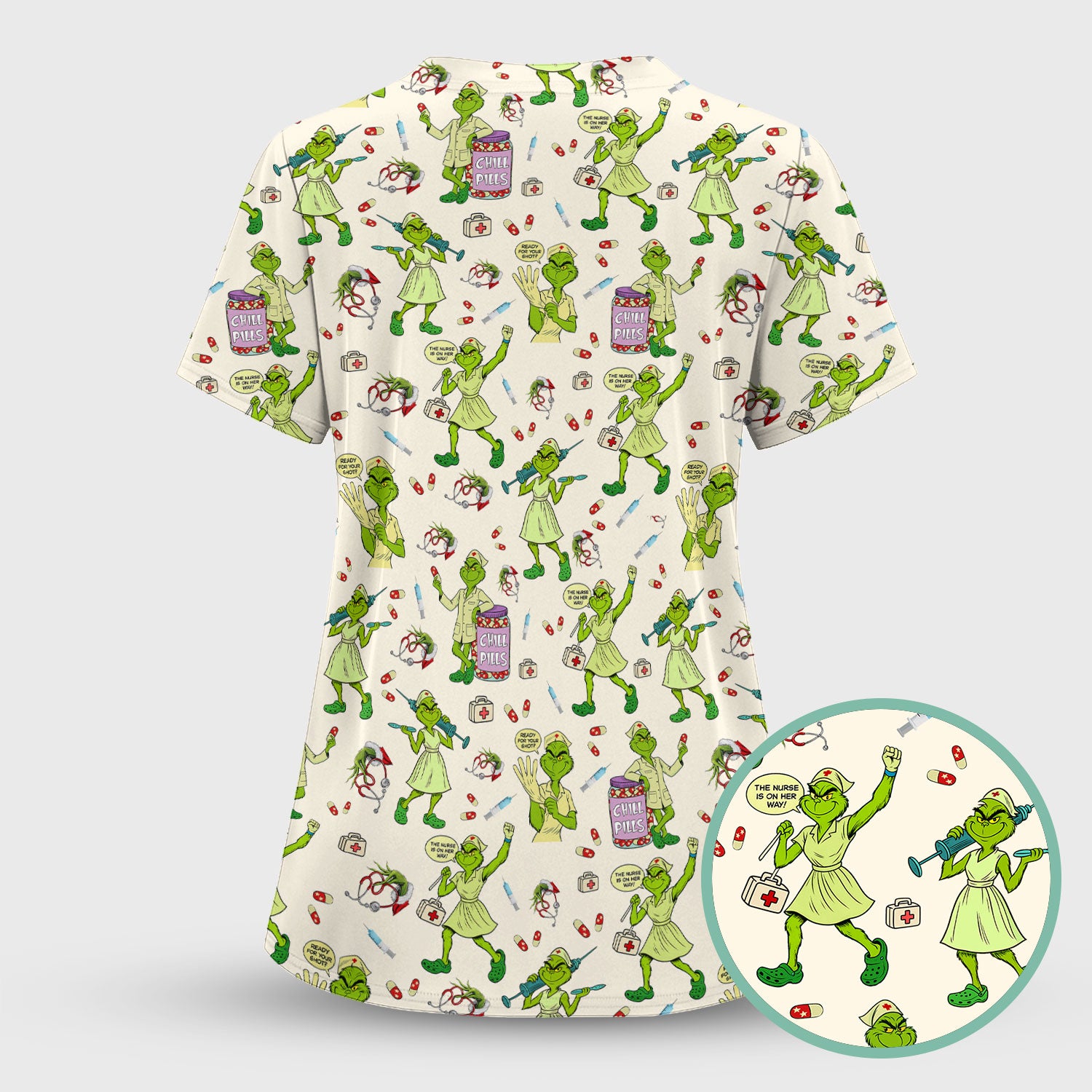 Funny Grinch Nurse Scrub Top Multi Color - Chill Pills Nursing Scrub Shirt - Cute Christmas Holiday Workwear with Pockets