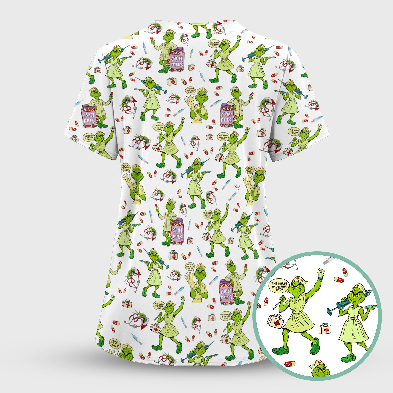 Grinch Nurse Scrub Shirt Multi Colors - Funny Chill Pills Scrub Top - Christmas Nursing Work Shirt with Pockets for Women