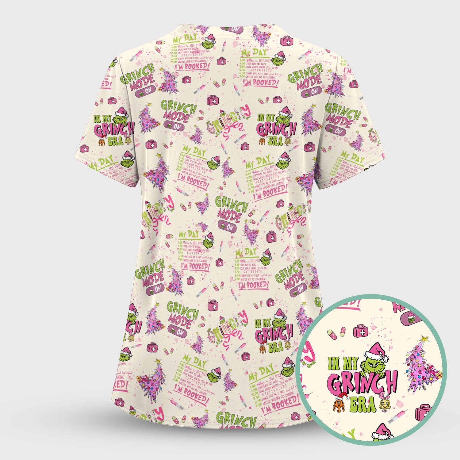 Funny Christmas Scrub Top for Women - Grinch Mode On Holiday Nurse Uniform Shirt - Pink Grinchmas Gift for RN CNA LPN