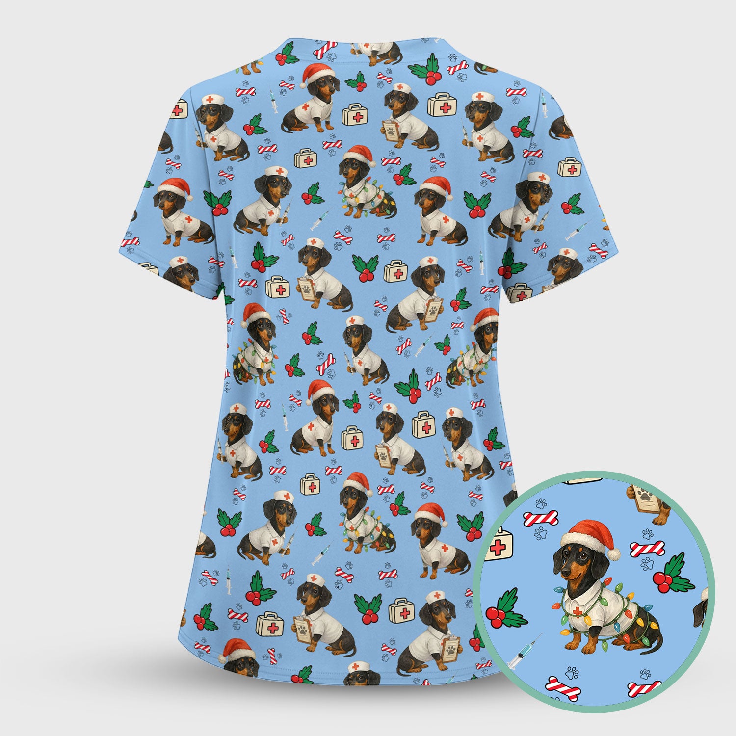 Dachshund Nurse Christmas Scrub Shirt - Cute Sausage Dog Scrub Top Multi Colors - Funny Holiday Nursing Workwear with Pockets