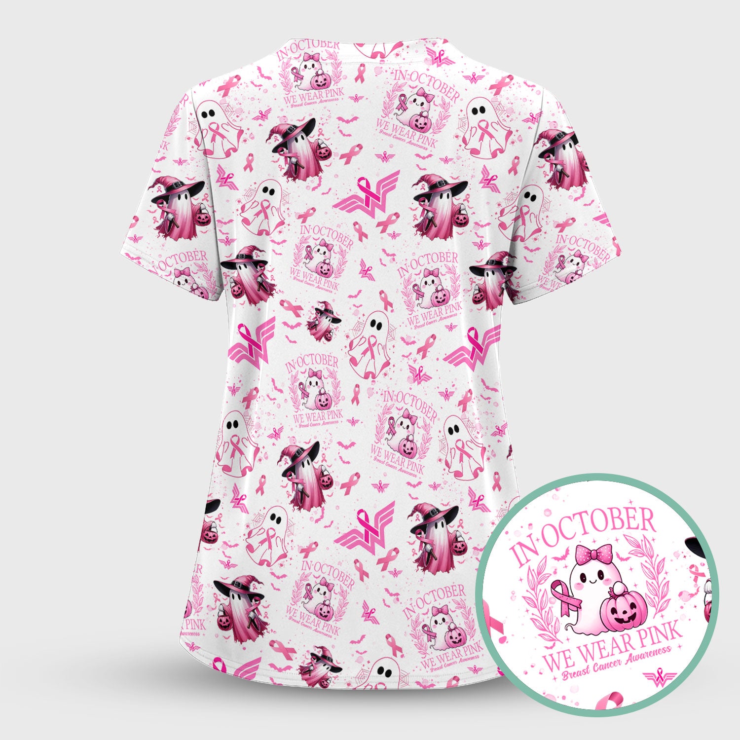 Pink Halloween Scrub Top for Nurses - In October We Wear Pink Breast Cancer Awareness Shirt - Cute Ghost Witch Gift for RN CNA LPN
