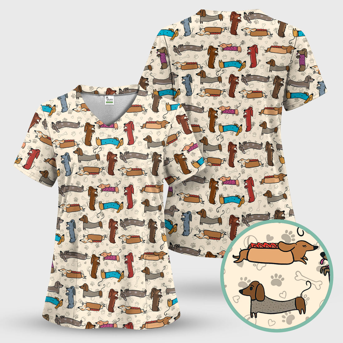 Cute Dachshund Scrub Top for Nurses - Colorful Wiener Dog Print Medical Uniform Shirt - Fun Sausage Dog Pattern Veterinary Workwear