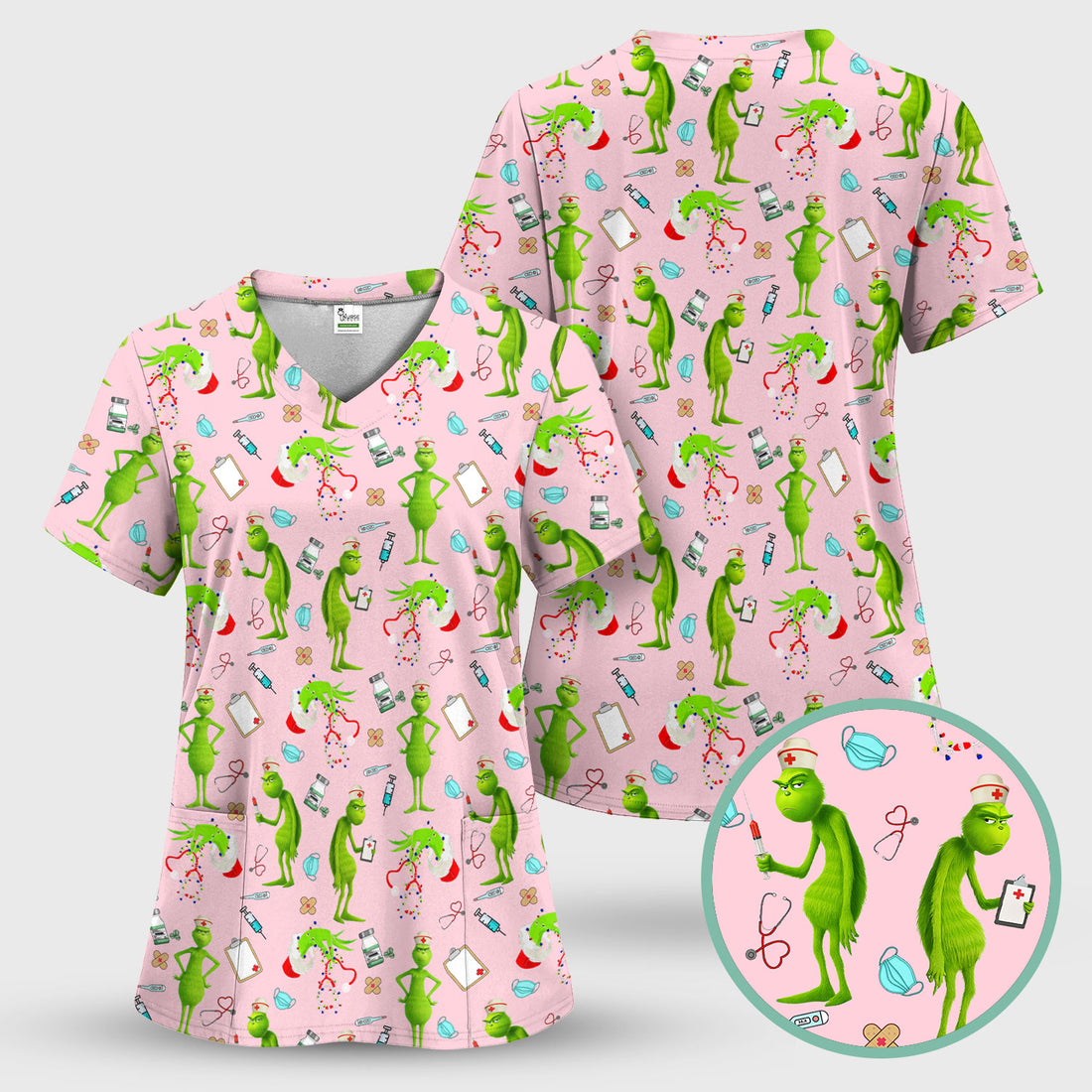 Custom Grinch Nurse Scrub Top - Funny Christmas Scrub Shirt Multi Color - Cute Holiday Nursing Workwear with Pockets