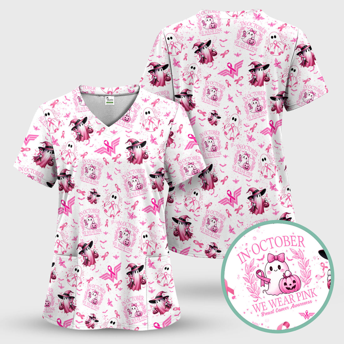Pink Halloween Scrub Top for Nurses - In October We Wear Pink Breast Cancer Awareness Shirt - Cute Ghost Witch Gift for RN CNA LPN