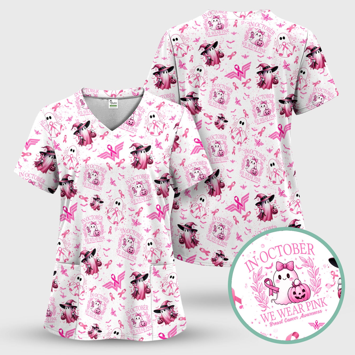 Pink Halloween Scrub Top for Nurses - In October We Wear Pink Breast Cancer Awareness Shirt - Cute Ghost Witch Gift for RN CNA LPN