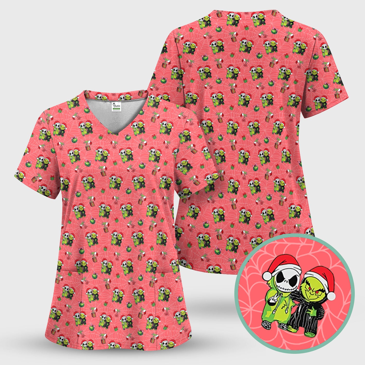 Festive Grinch Halloween Scrub Top - Merry Grinchmas Holiday Shirt for Nurses - Funny Christmas Gift for RN LPN CNA