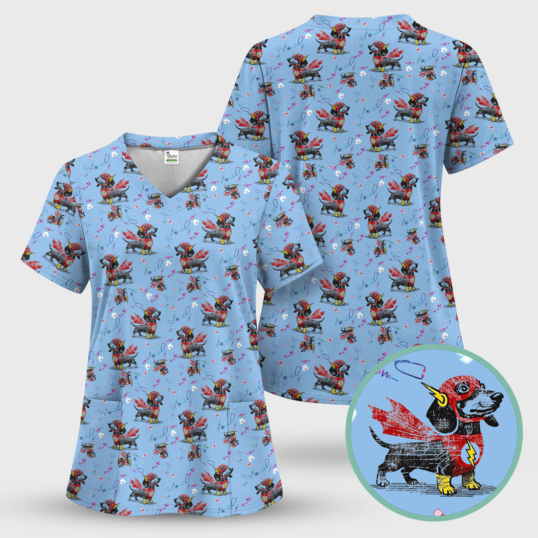 Dachshund Hero Scrub Top for Nurses - Super Nurse Funny Flash Dog Print Medical Uniform Shirt - Cute Sausage Dog Gift for RN CNA LPN