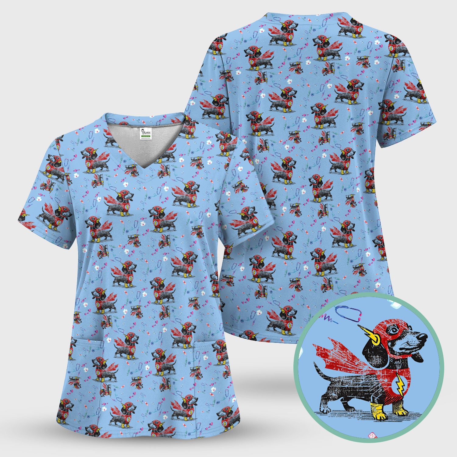 Dachshund Hero Scrub Top for Nurses - Super Nurse Funny Flash Dog Print Medical Uniform Shirt - Cute Sausage Dog Gift for RN CNA LPN