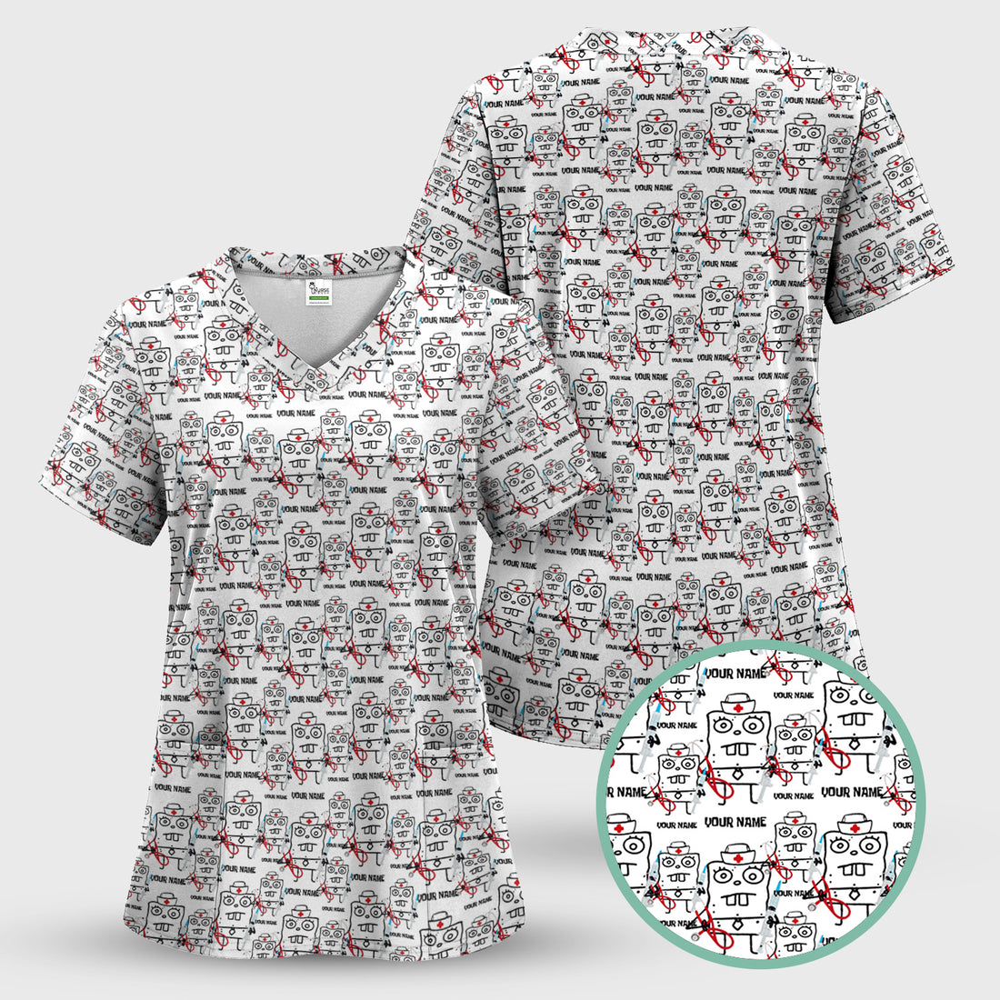 Personalized Doodle Bob Nurse Scrub - Funny Cartoon Medical Design - Custom Gift for RN MD CNA Healthcare