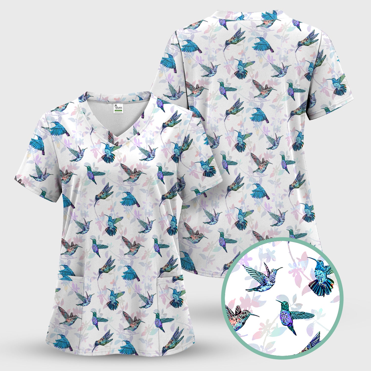 Personalized Hummingbird Nurse Scrub Top - Colorful Flying Birds & Floral Design - Gift for Women RN LPN & Healthcare Workers