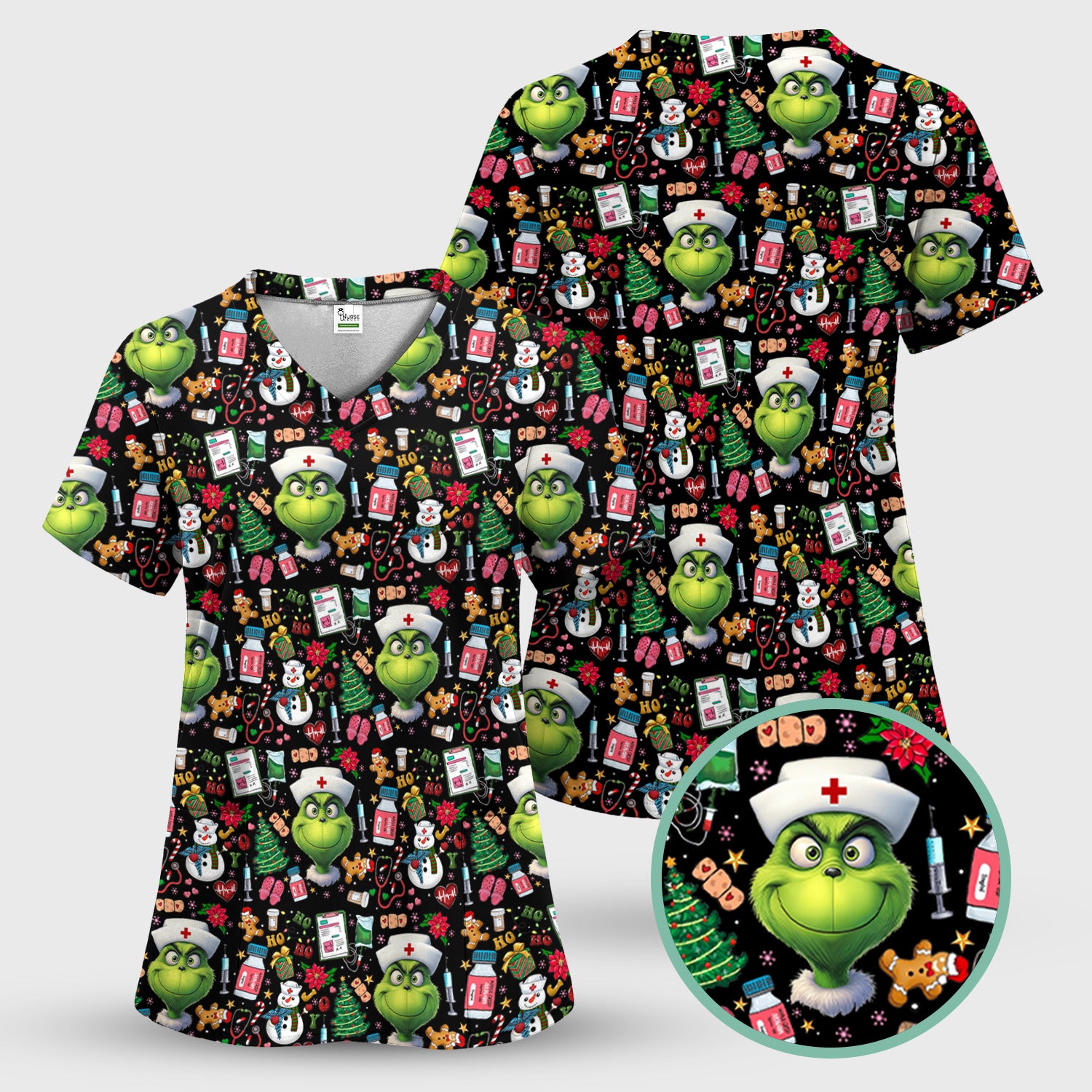 Funny Christmas Scrub Top for Nurses - Grinch Nurse Shirt Holiday Medical Gift - RN LPN CNA Gift