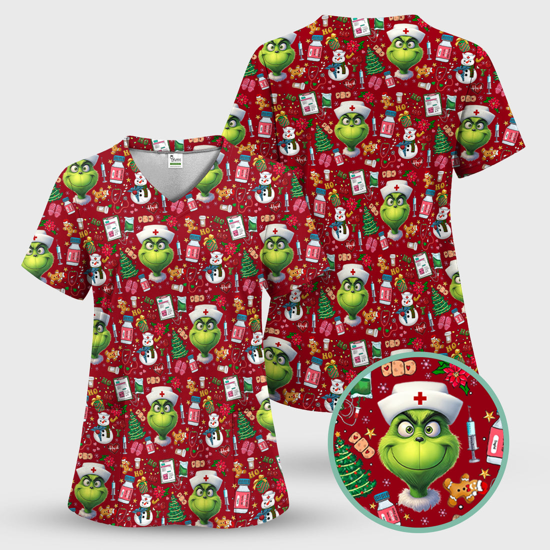 Funny Christmas Scrub Top for Nurses - Grinch Nurse Shirt Holiday Medical Gift - RN LPN CNA Gift