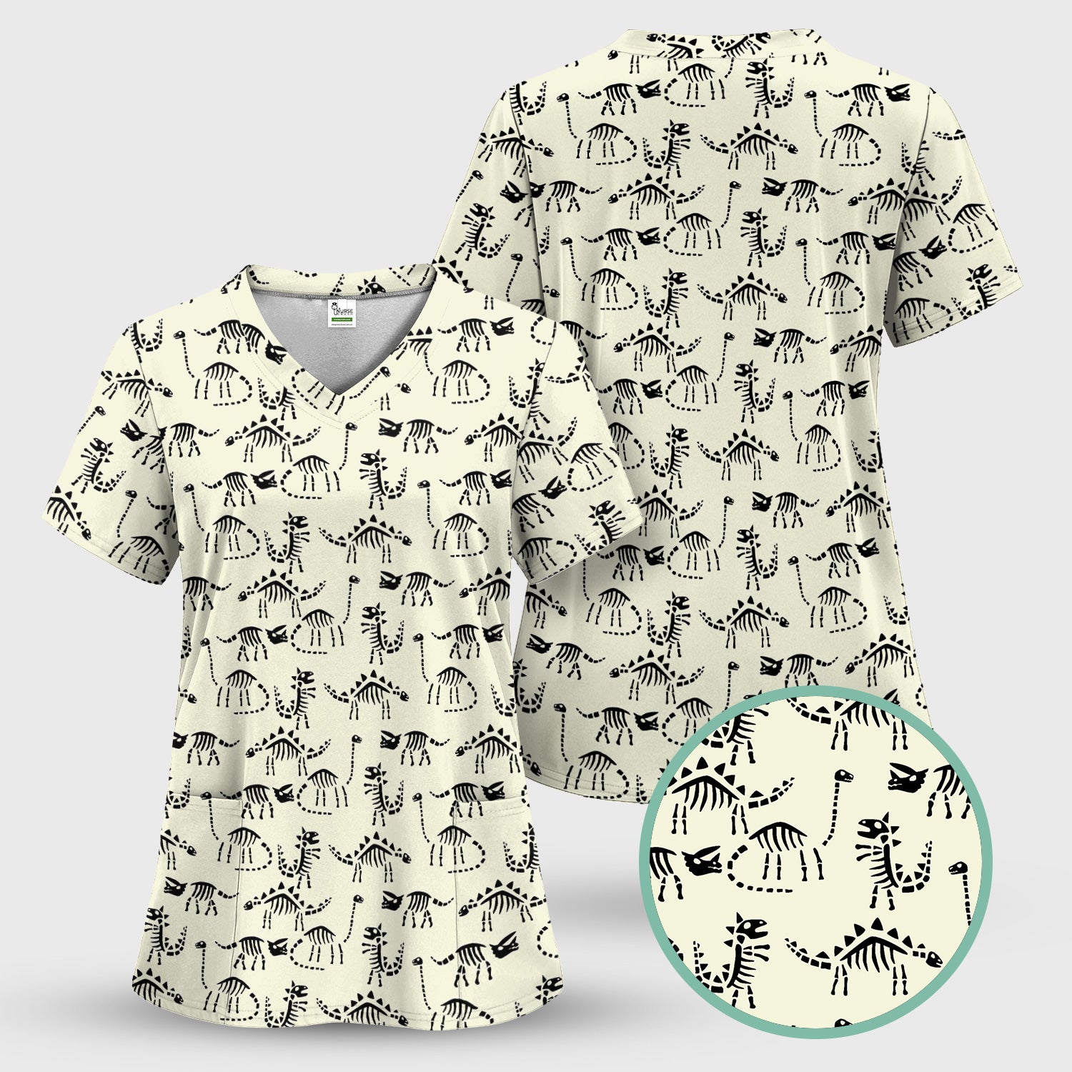 Funny Dinosaur Skeleton Scrub Top - Cute Dino Fossil Pattern Graphic Design - RN LPN CNA Healthcare Workers Gift