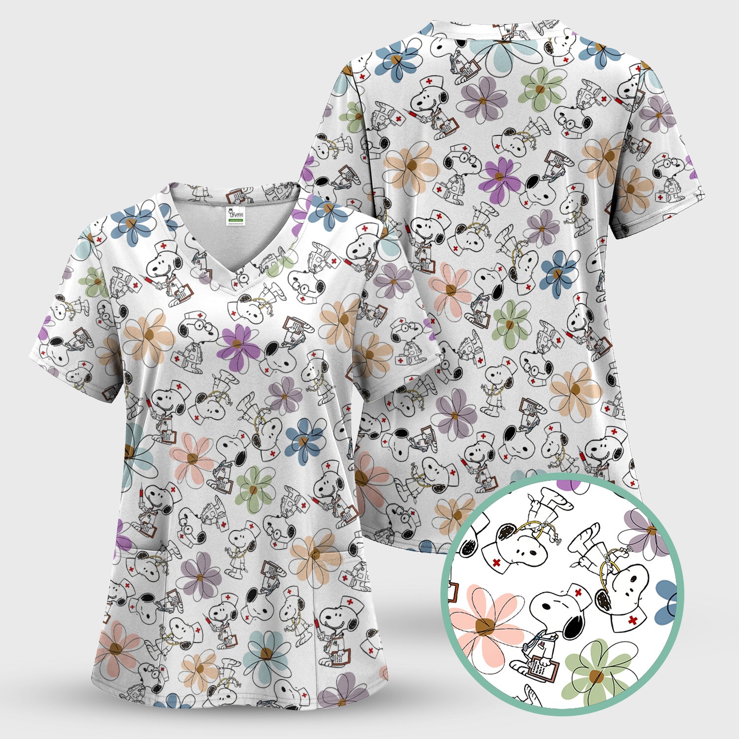 Funny Dog Doctor Scrub Top – Cute Cartoon Puppy & Flower Graphic - Gift for RN LPN CNA Healthcare Workers