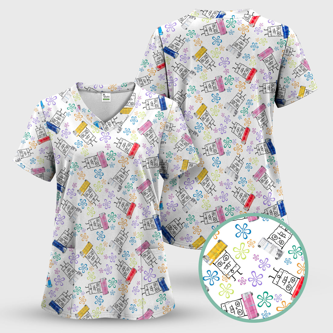 Doodle Bob Energy Drink Nurse Scrub Top - Cute Cartoon Medical Design - RN MD CNA RT Paramedic Healthcare Gift