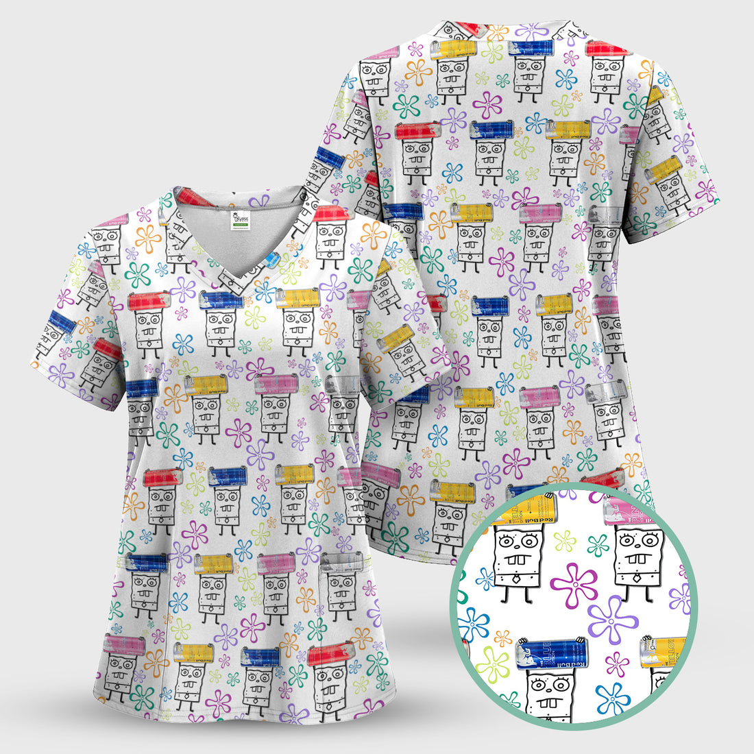 Doodle Bob Energy Drink Nurse Scrub - Funny Cartoon Medical Design - Gift for RN MD CNA RT Paramedic Phlebotomist Healthcare