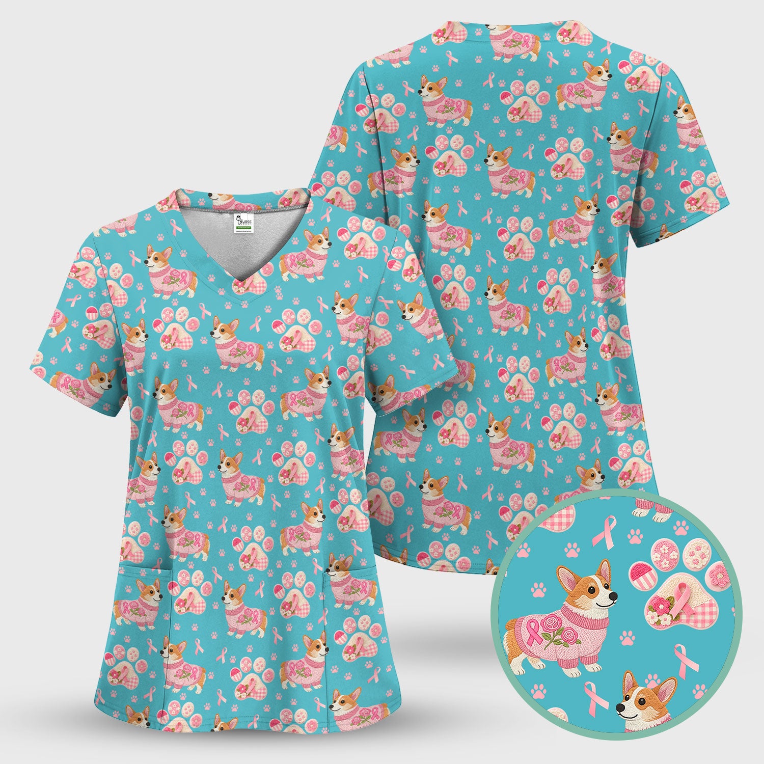 Floral Corgi Scrub Top for Women - Cute Dog Paw Print with Pink Ribbon Shirt - Breast Cancer Awareness October Gift