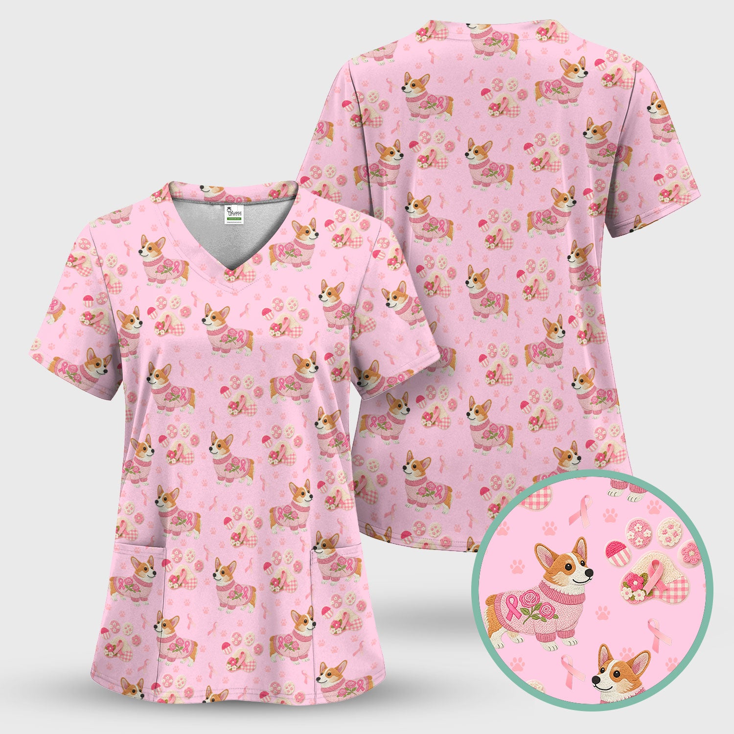 Corgi Pink Ribbon Scrub for Women - Breast Cancer Awareness Shirt - Floral Dog Paw Print Nursing Uniform - Support Gift