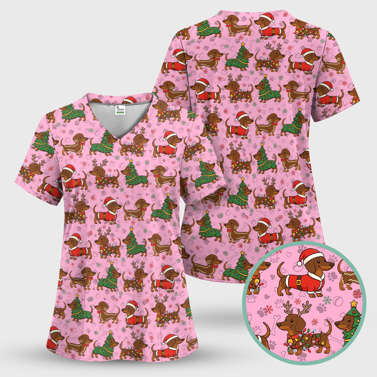 Holiday Dachshund Christmas Scrub Top - Funny Wiener Sausage Dog Nurse Shirt - Adorable Dog Lover Gift for RN CNA LPN