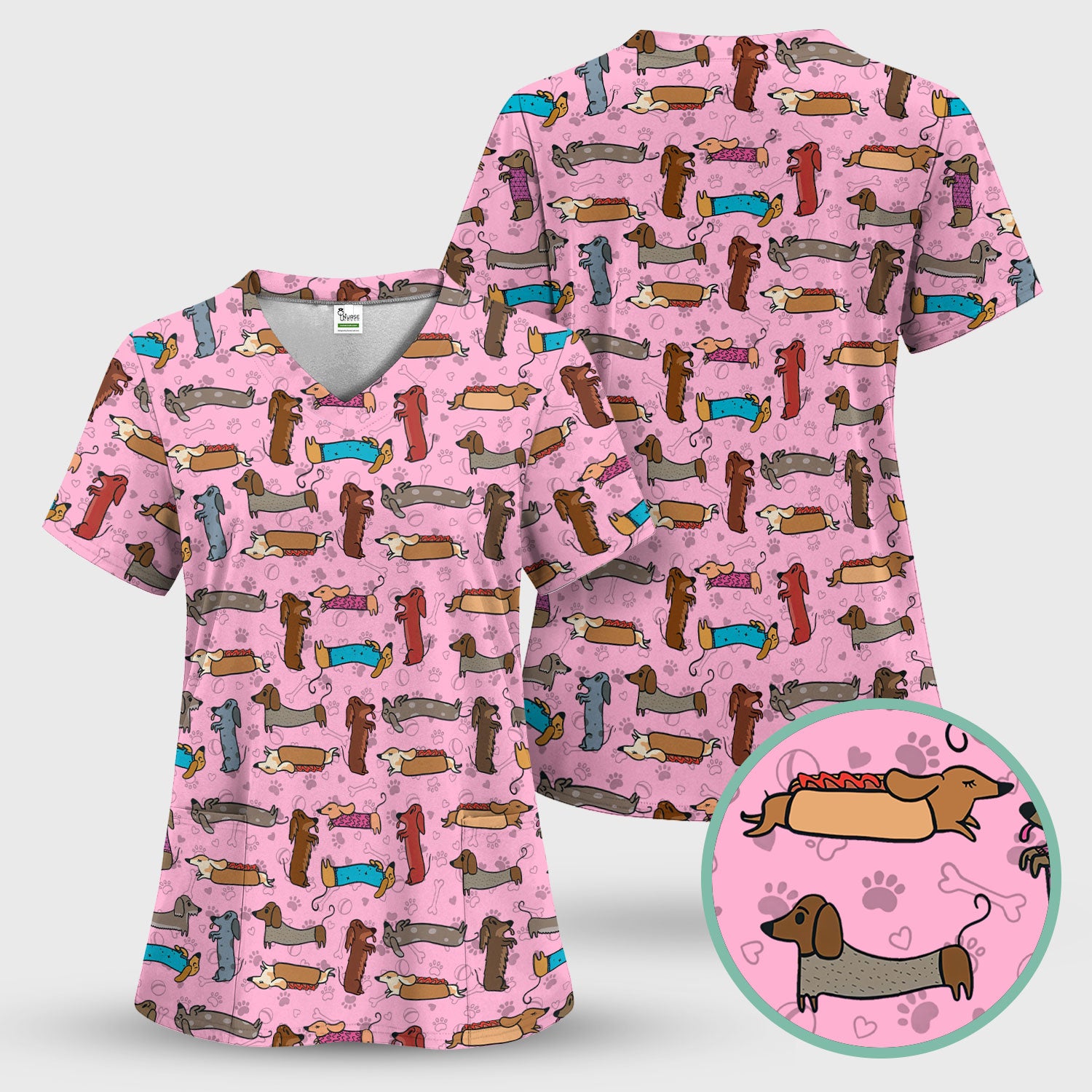 Cute Dachshund Scrub Top for Nurses - Colorful Wiener Dog Print Medical Uniform Shirt - Fun Sausage Dog Pattern Veterinary Workwear