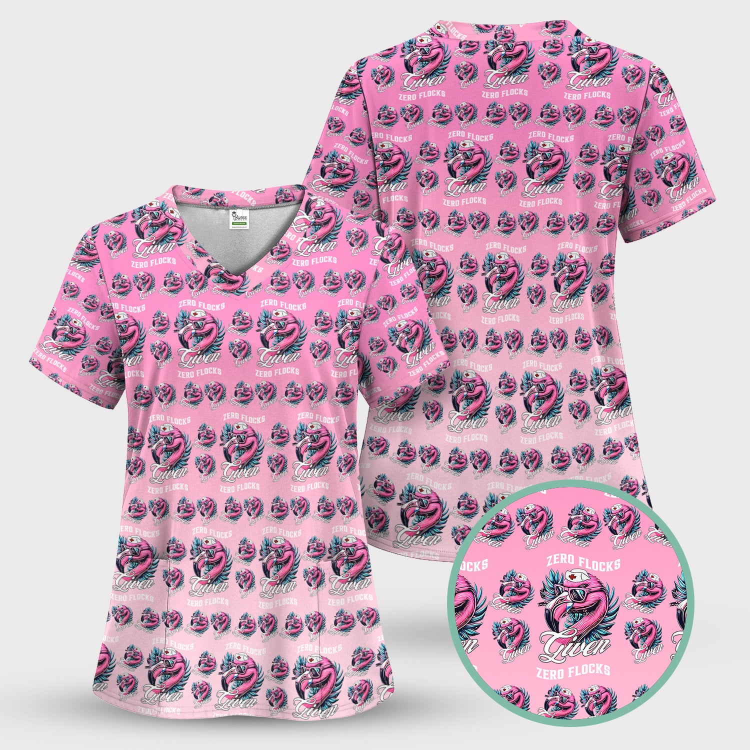 Funny Flamingo Scrub Top - Zero Flocks Given Pink Nurse Shirt - RN LPN CNA Healthcare Workers Gift