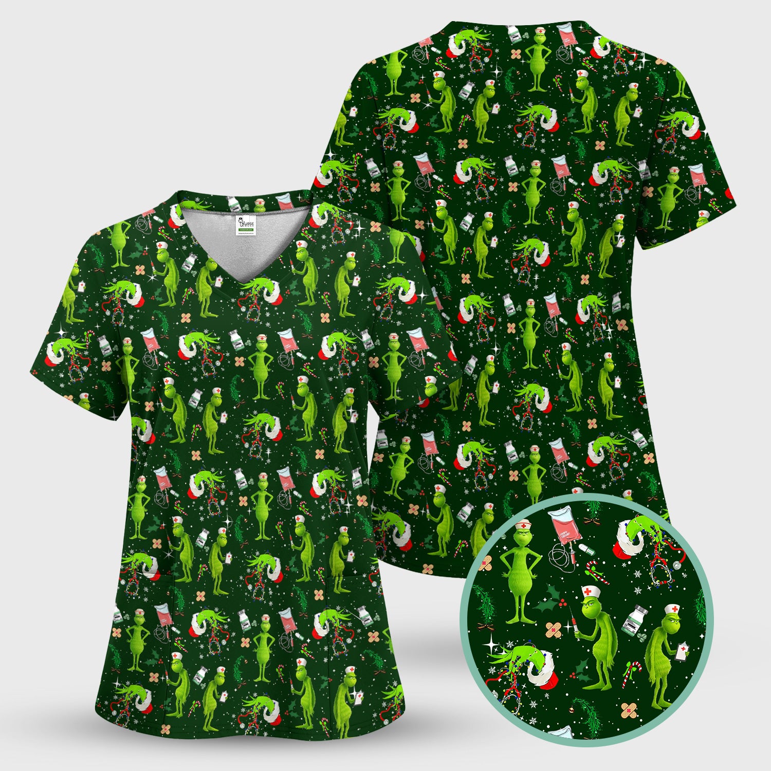 Cute Grinch Scrub Top for Nurse - Christmas Holiday Medical Shirt - Gift for CNA RN LPN Healthcare Workers