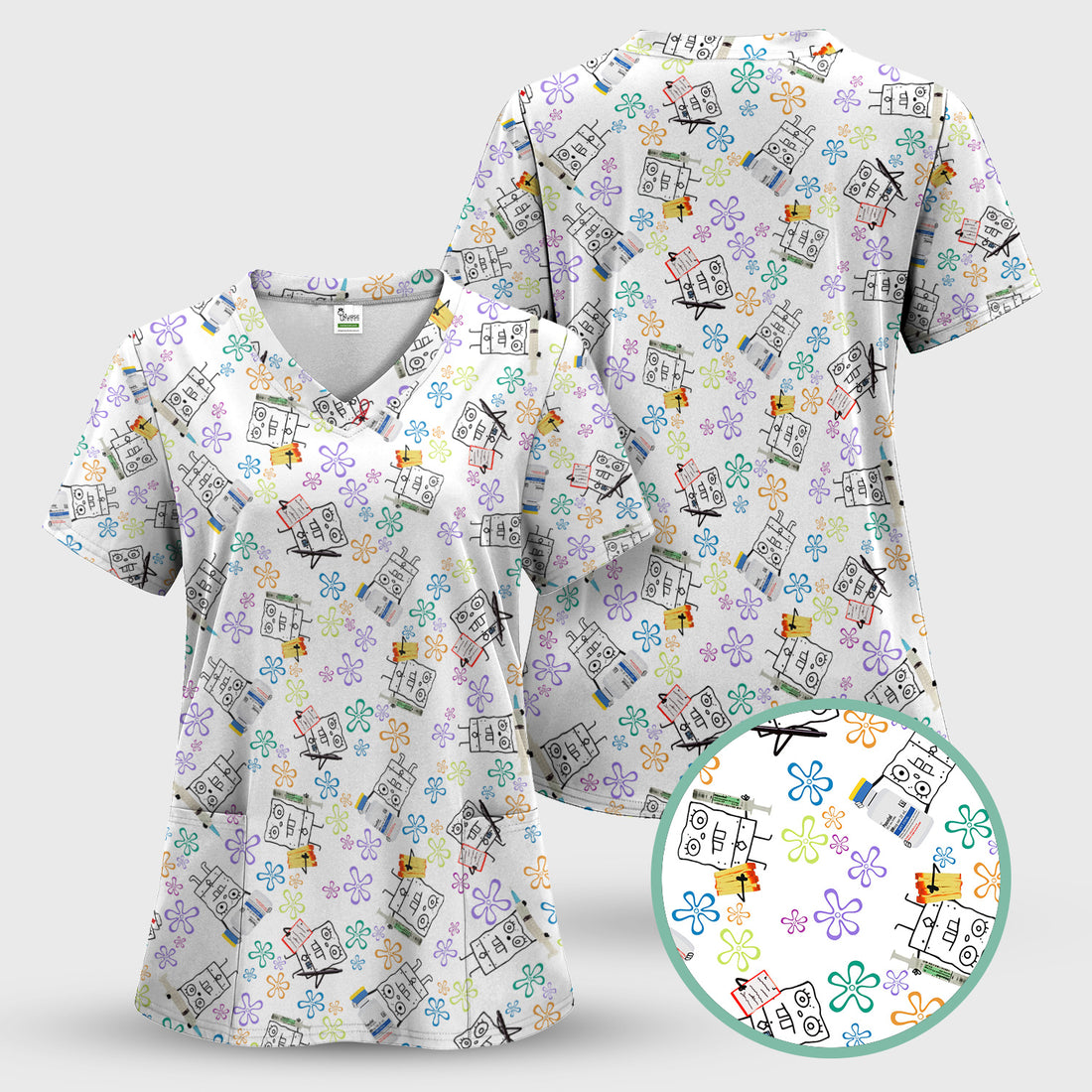 Funny Doodle Bob Energy Drink Nurse Scrub - Cartoon Medical Top for Women - RN MD CNA RT Paramedic Healthcare Gift