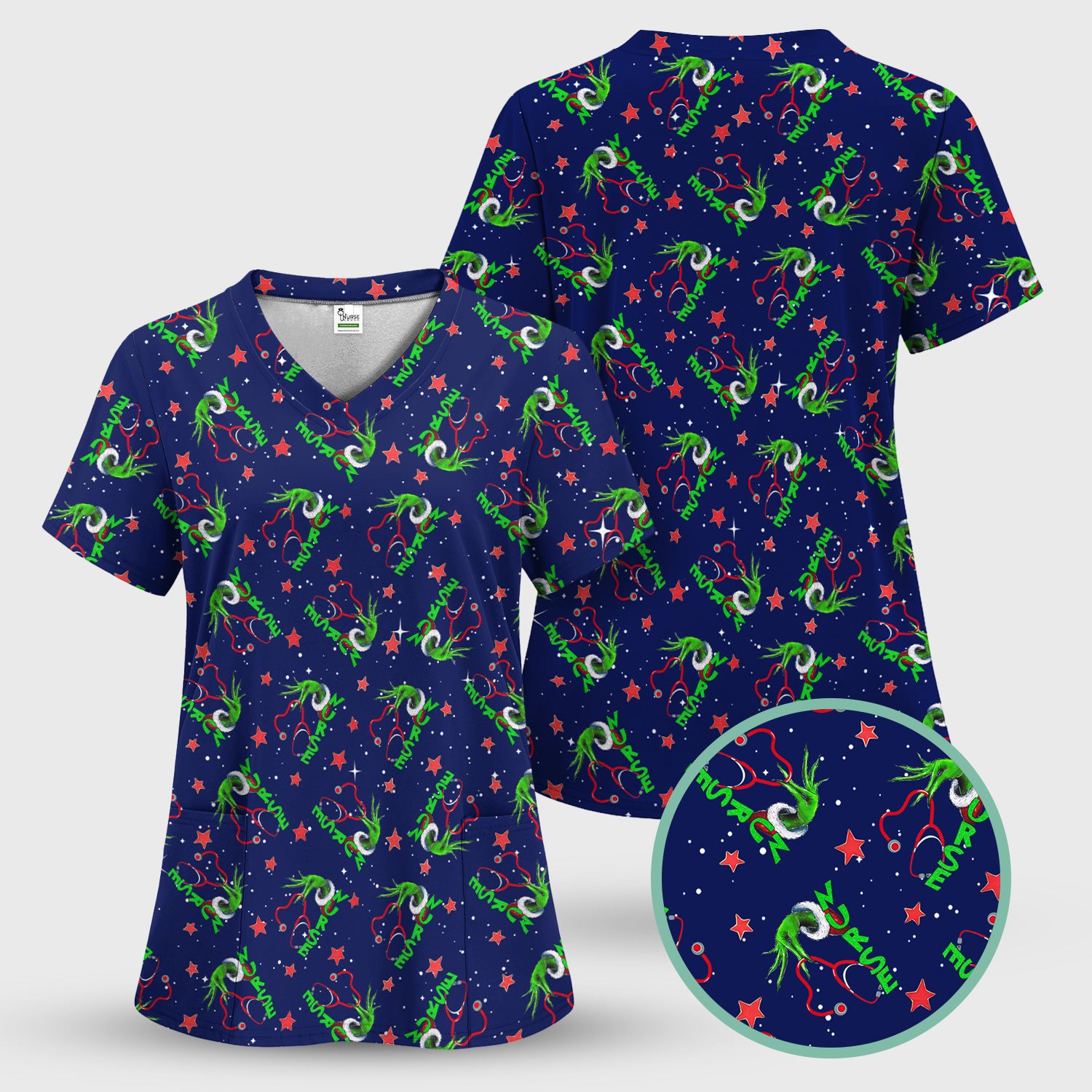 Grinch Nurse Scrub Top - Festive Holiday Uniform for Women - RN LPN CNA Nursing Gift