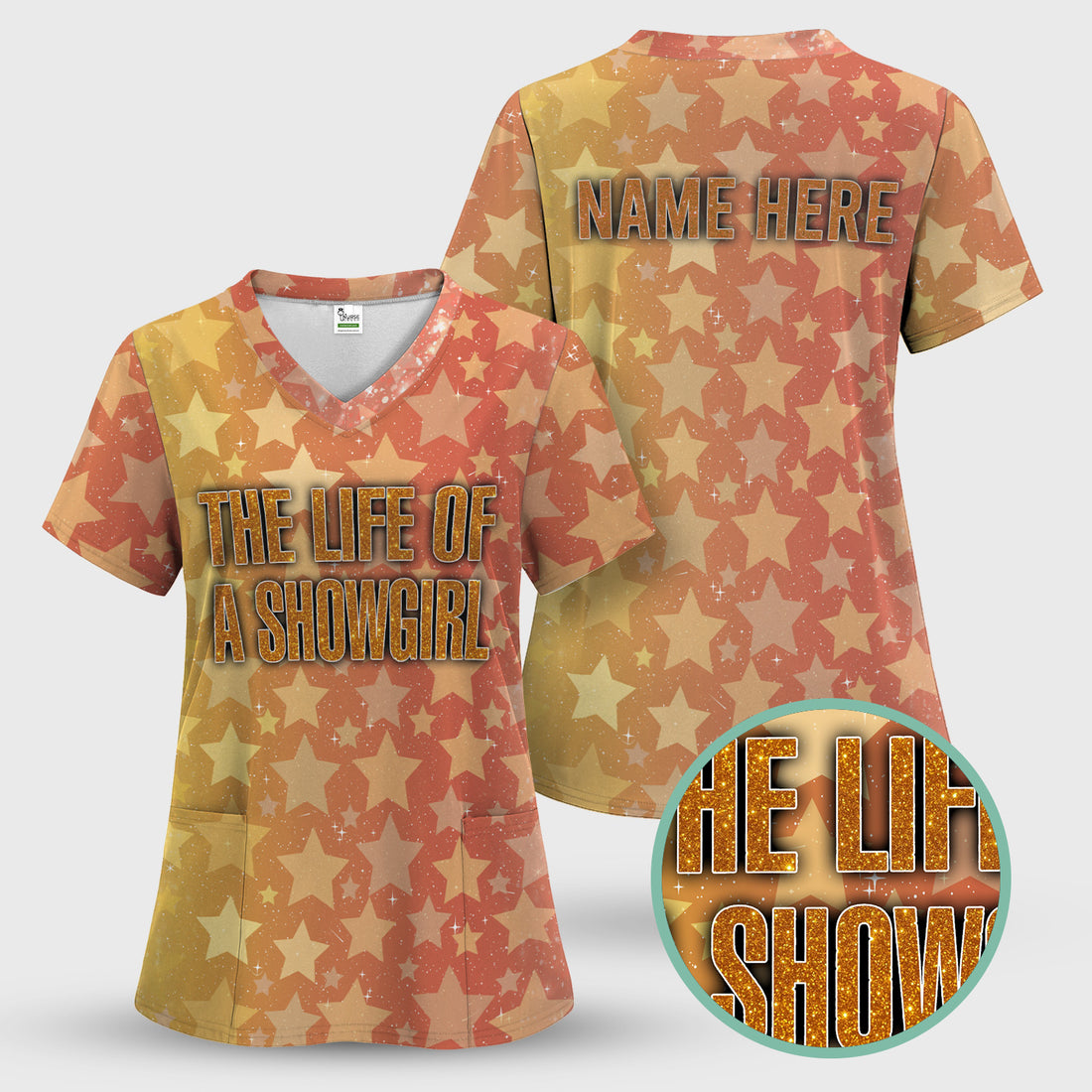 Personalized Women's Showgirl Scrub Top - All-Over Print Sparkly Star TS12 Orange Shirt  - Gift for Women RN LPN & Healthcare Workers