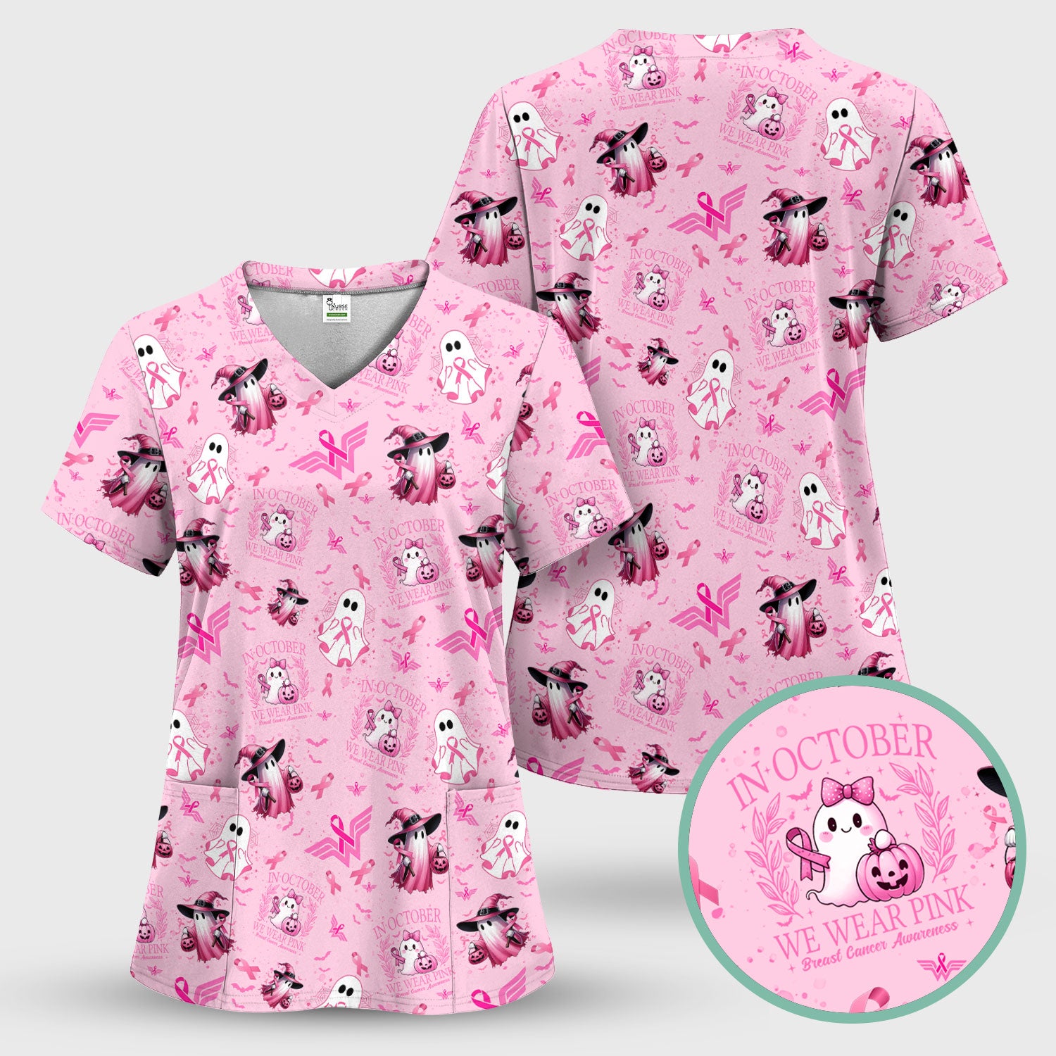 Halloween Breast Cancer Awareness Scrub Top - In October We Wear Pink Nurse Shirt - Cute Ghost Witch Pink Ribbon Medical Uniform