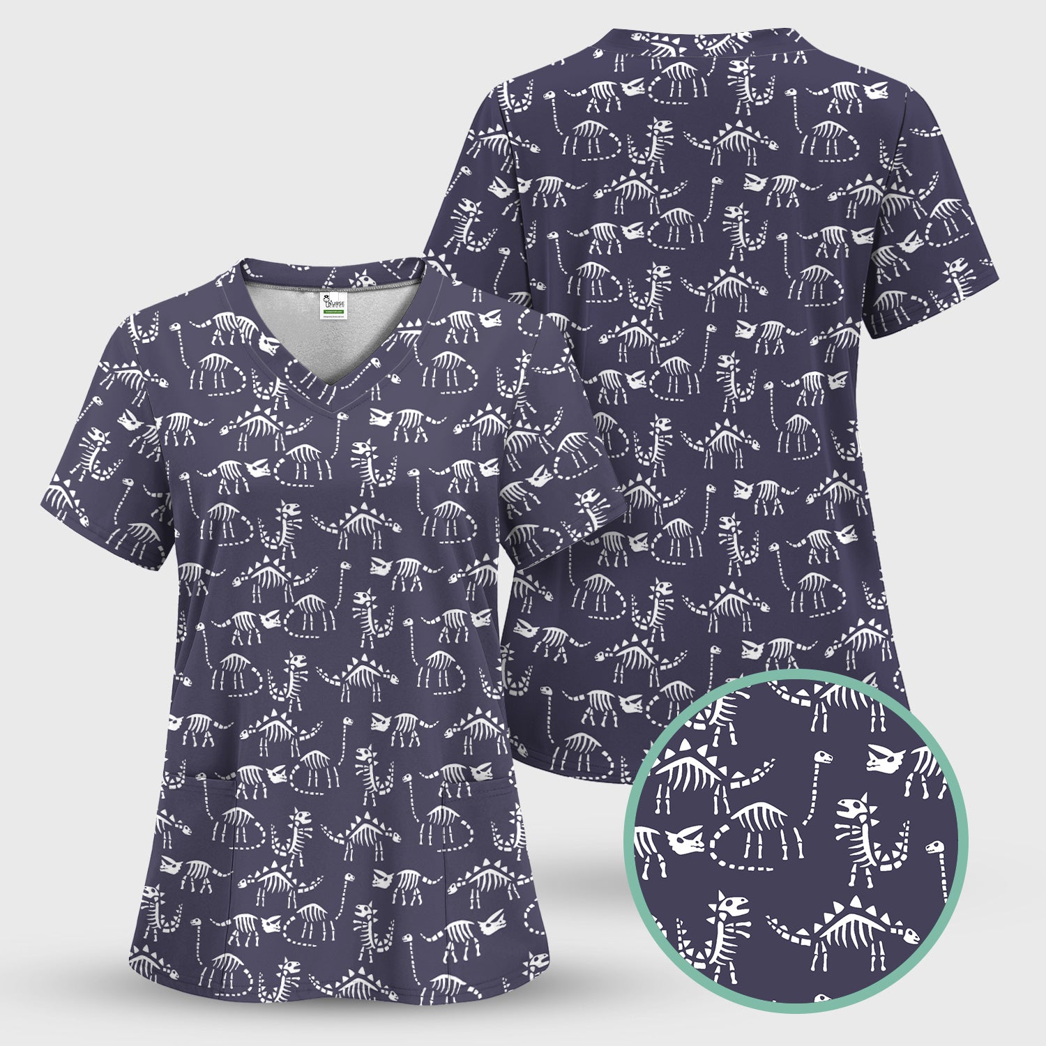 Funny Dinosaur Skeleton Scrub Top - Cute Dino Fossil Pattern Graphic Design - RN LPN CNA Healthcare Workers Gift