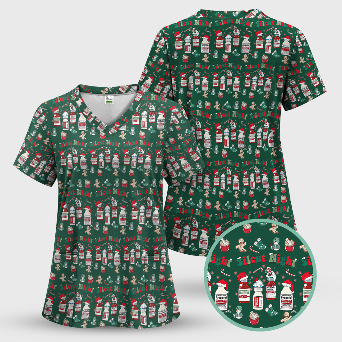 Funny Nurse Christmas Scrub Top - Silent Night & Medication Design - Holiday Gift for RN LPN CNA