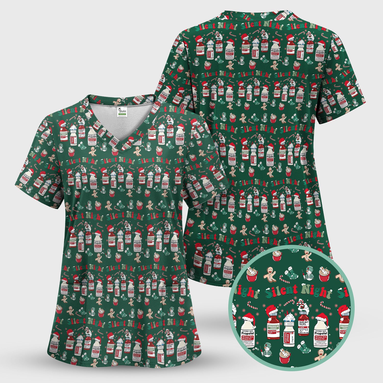 Funny Nurse Christmas Scrub Top - Silent Night & Medication Design - Holiday Gift for RN LPN CNA