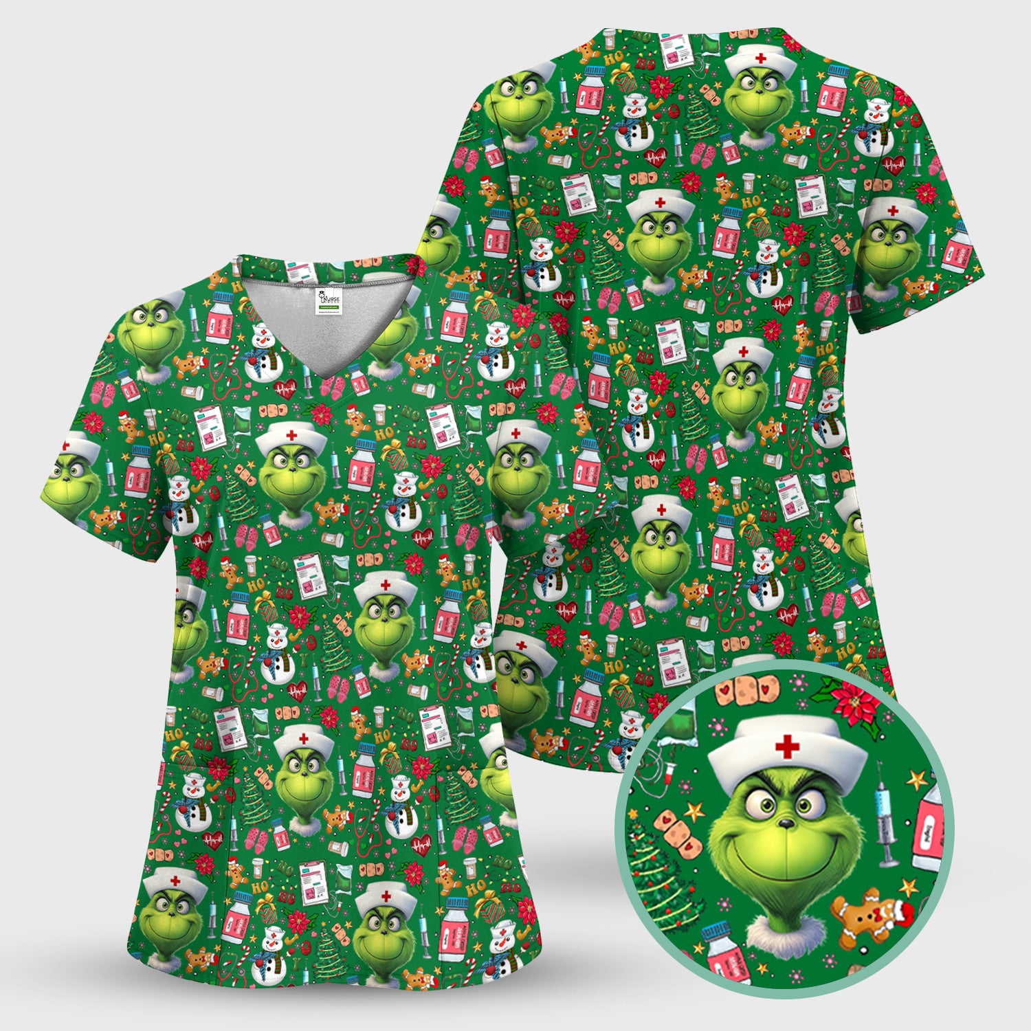 Christmas Nurse Scrub Top - Funny Grinch Medical Top for Women - Multiple Colors Gift for CNA RN LPN