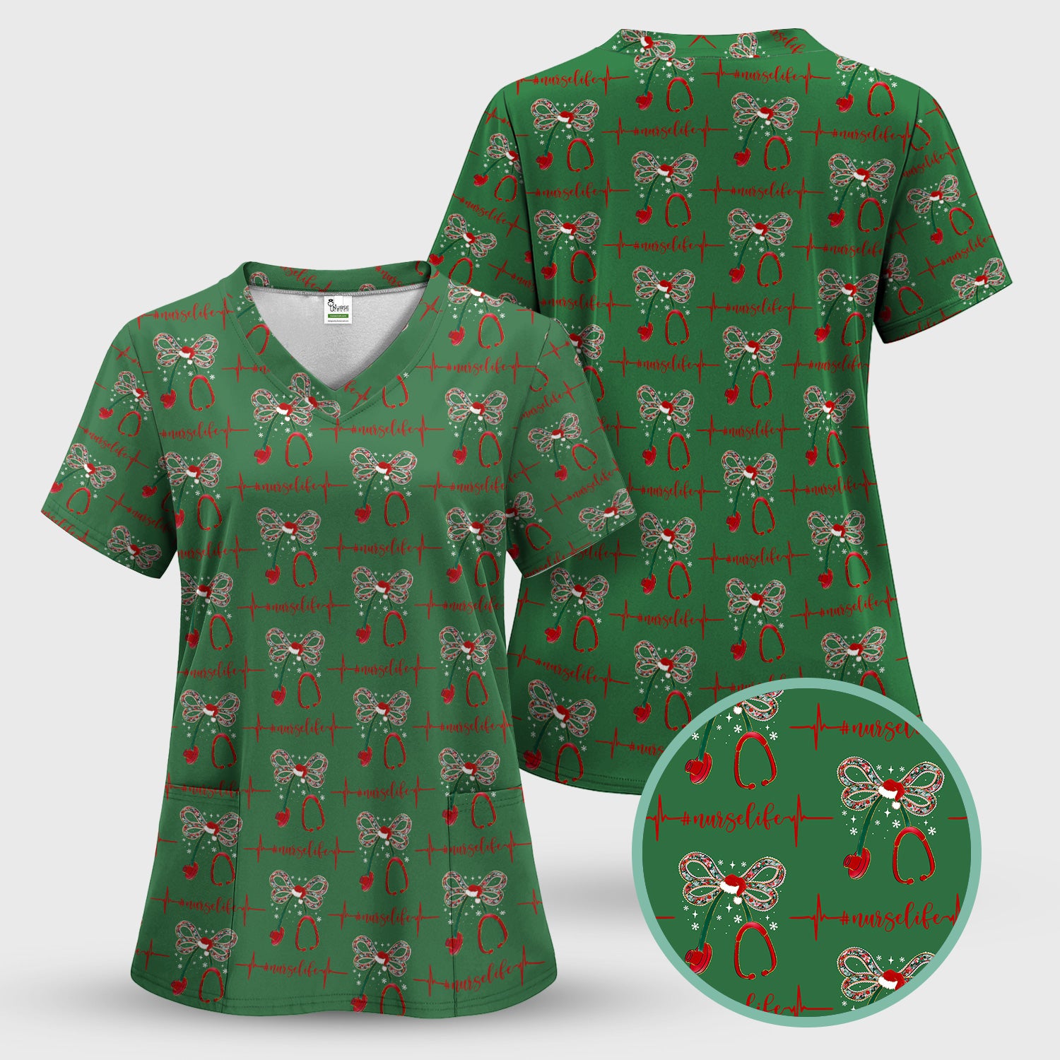 Personalized Funny Nurse Christmas Scrub Top - Stethoscope with Holiday Bow & Heartbeat Pattern - Gift for RN LPN CNA Healthcare Staff
