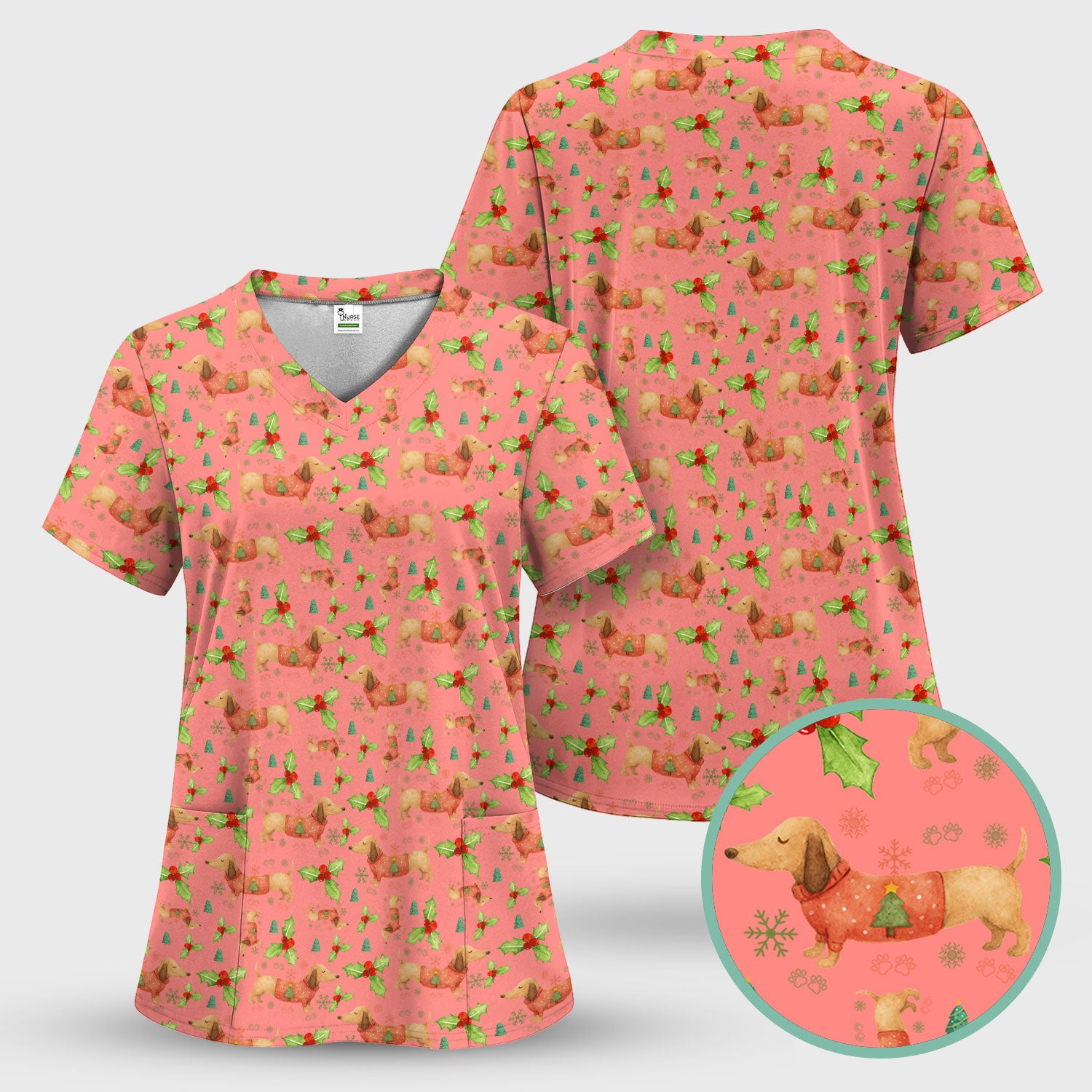 Festive Holiday Dachshund Scrub Top - Funny Sausage Dog Christmas Shirt - Wiener Puppy Lover Gift for RN CNA LPN