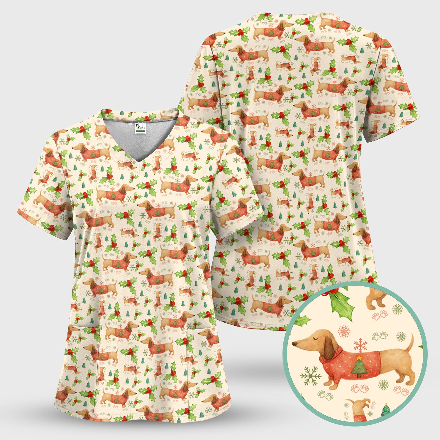 Festive Dachshund Scrub Top - Cute Sausage Dog Christmas Medical Uniform - Wiener Puppy Lover Gift