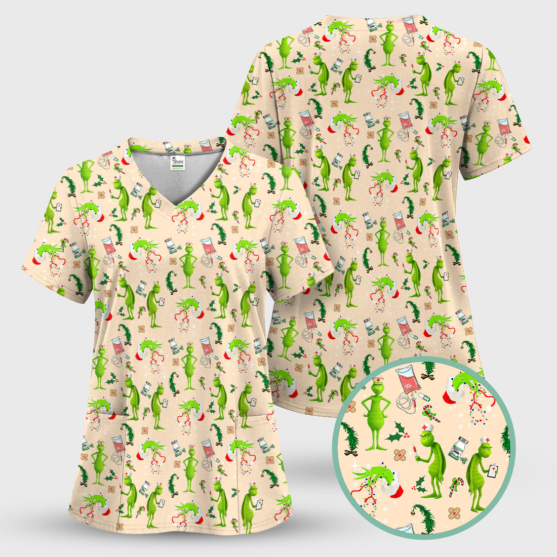 Cute Grinch Scrub Top for Nurse - Christmas Holiday Medical Shirt - Gift for CNA RN LPN Healthcare Workers