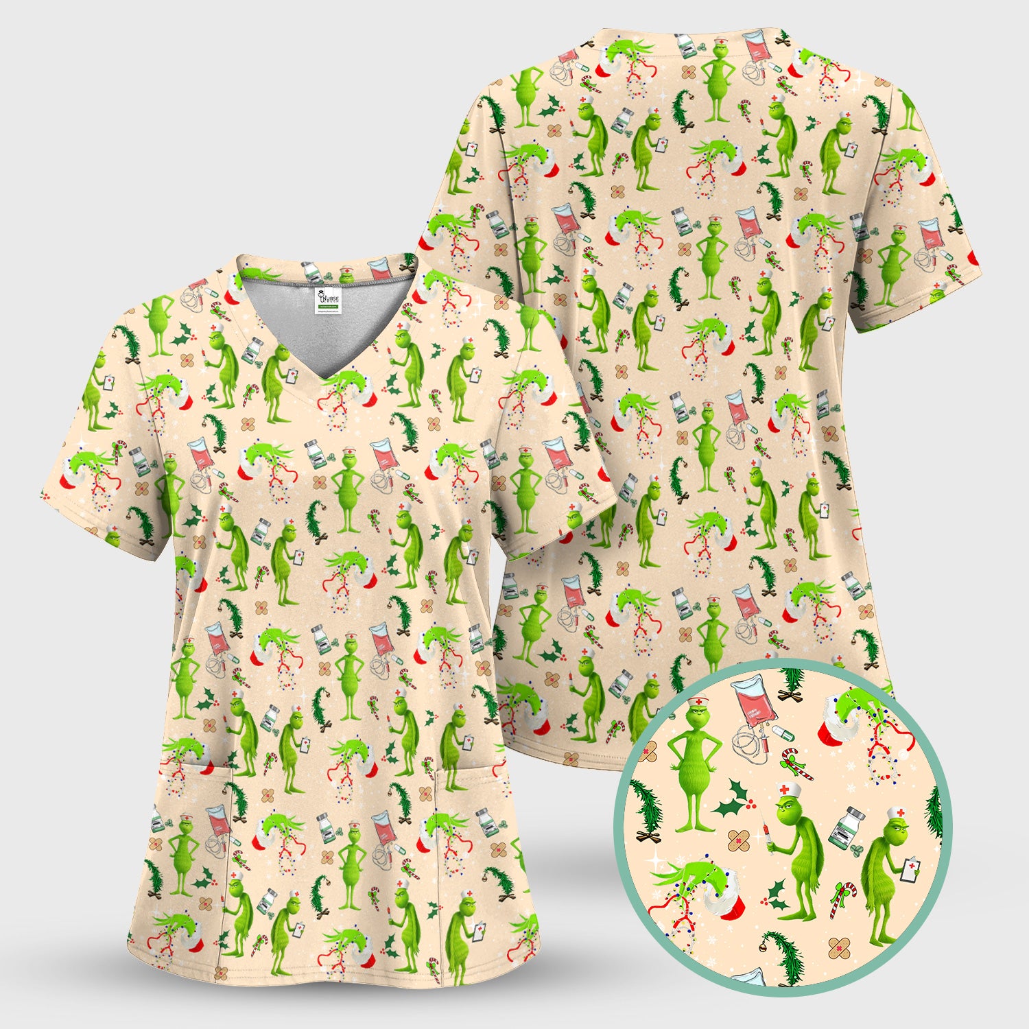 Cute Grinch Scrub Top for Nurse - Christmas Holiday Medical Shirt - Gift for CNA RN LPN Healthcare Workers