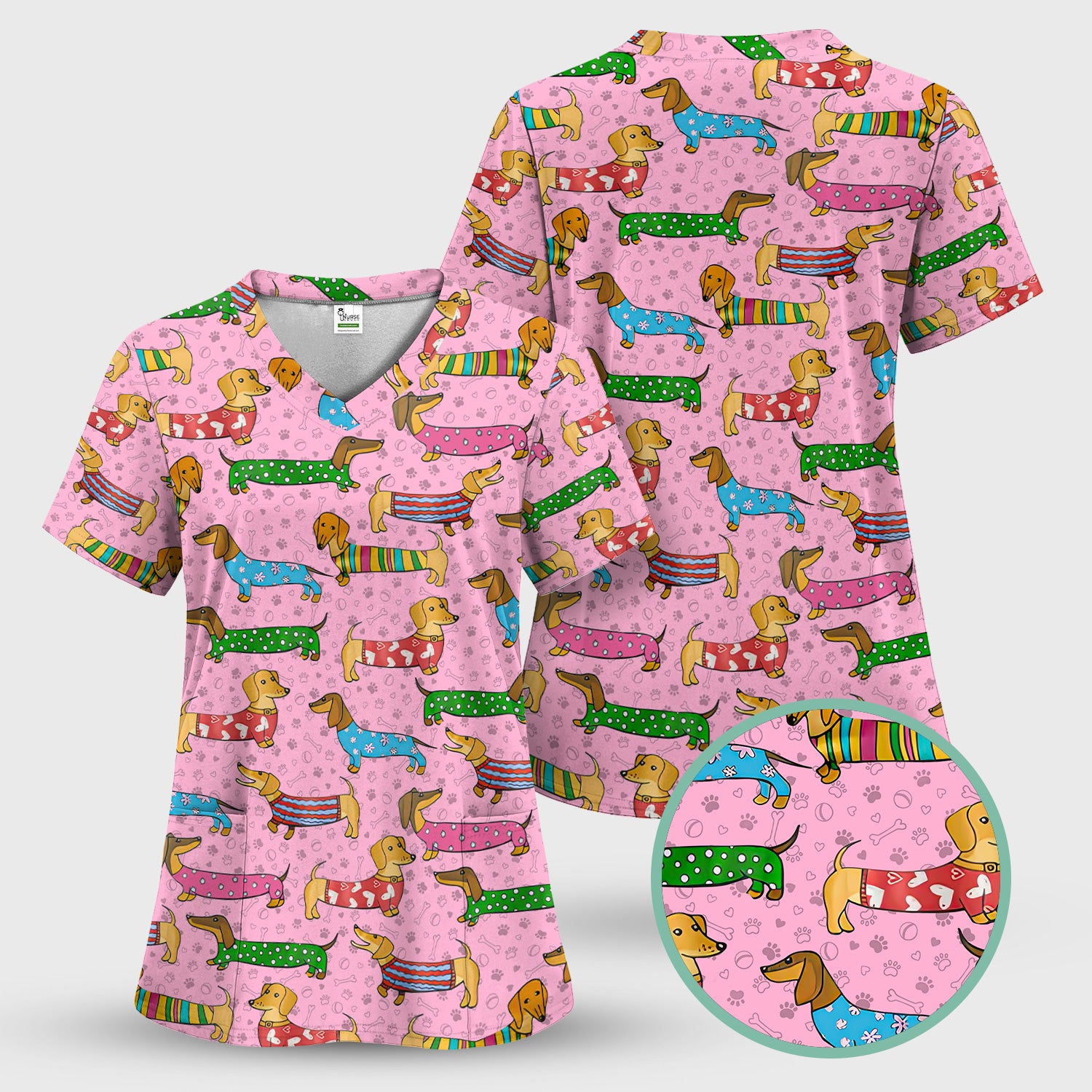 Cute Dachshund Dog Scrub for Nurse - Funny Animal Lover Top for Women - RN LPN CNA Healthcare Workers Gift