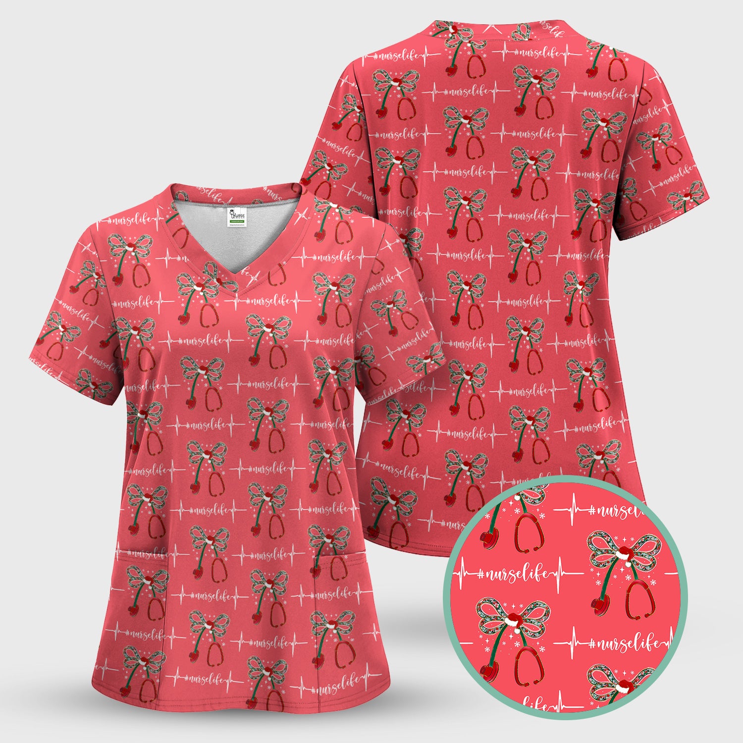 Personalized Funny Nurse Christmas Scrub Top - Stethoscope with Holiday Bow & Heartbeat Pattern - Gift for RN LPN CNA Healthcare Staff