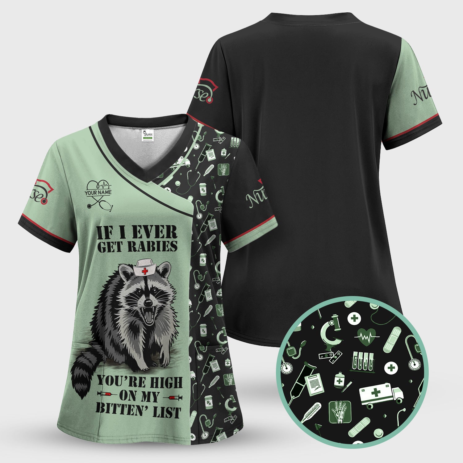 Personalized Funny Nurse Scrub for Women - Raccoon Nurse Graphic Design - Medical Gift for RN LPN CNA Healthcare Staff