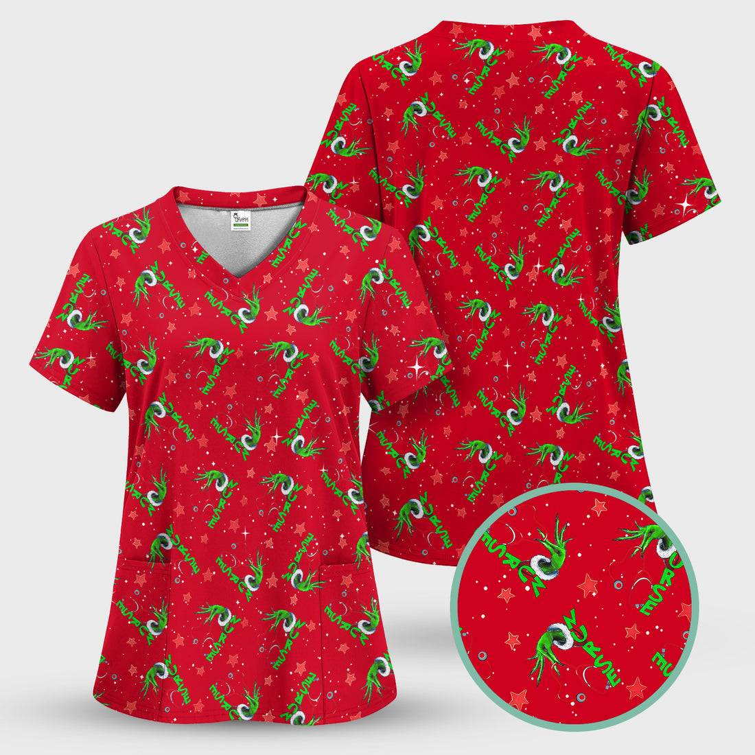 Grinch Nurse Scrub Top - Festive Holiday Uniform for Women - RN LPN CNA Nursing Gift