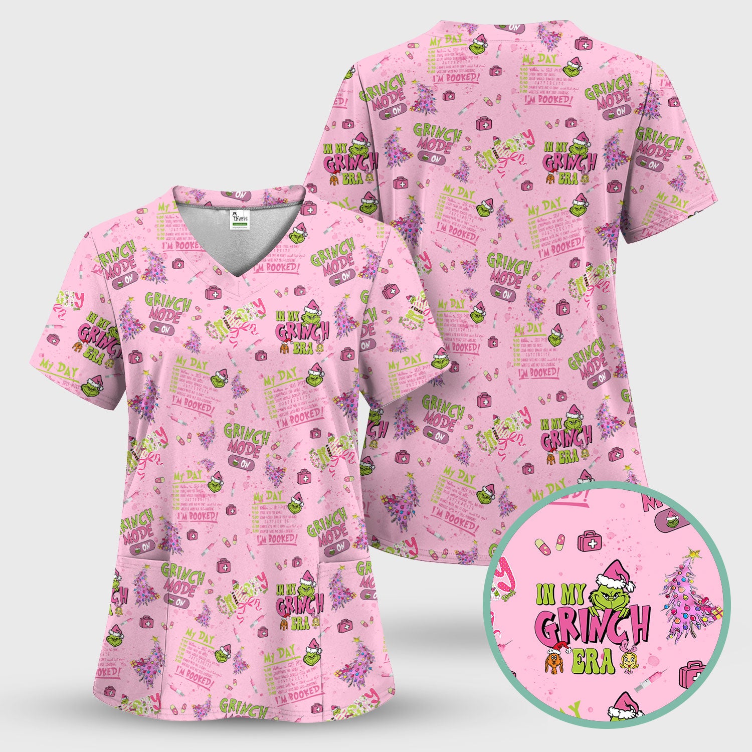 I’m Booked Funny Christmas Scrub for Women - Grinch Mode On Holiday Nurse Uniform Shirt - Grinchmas Gift for RN CNA LPN