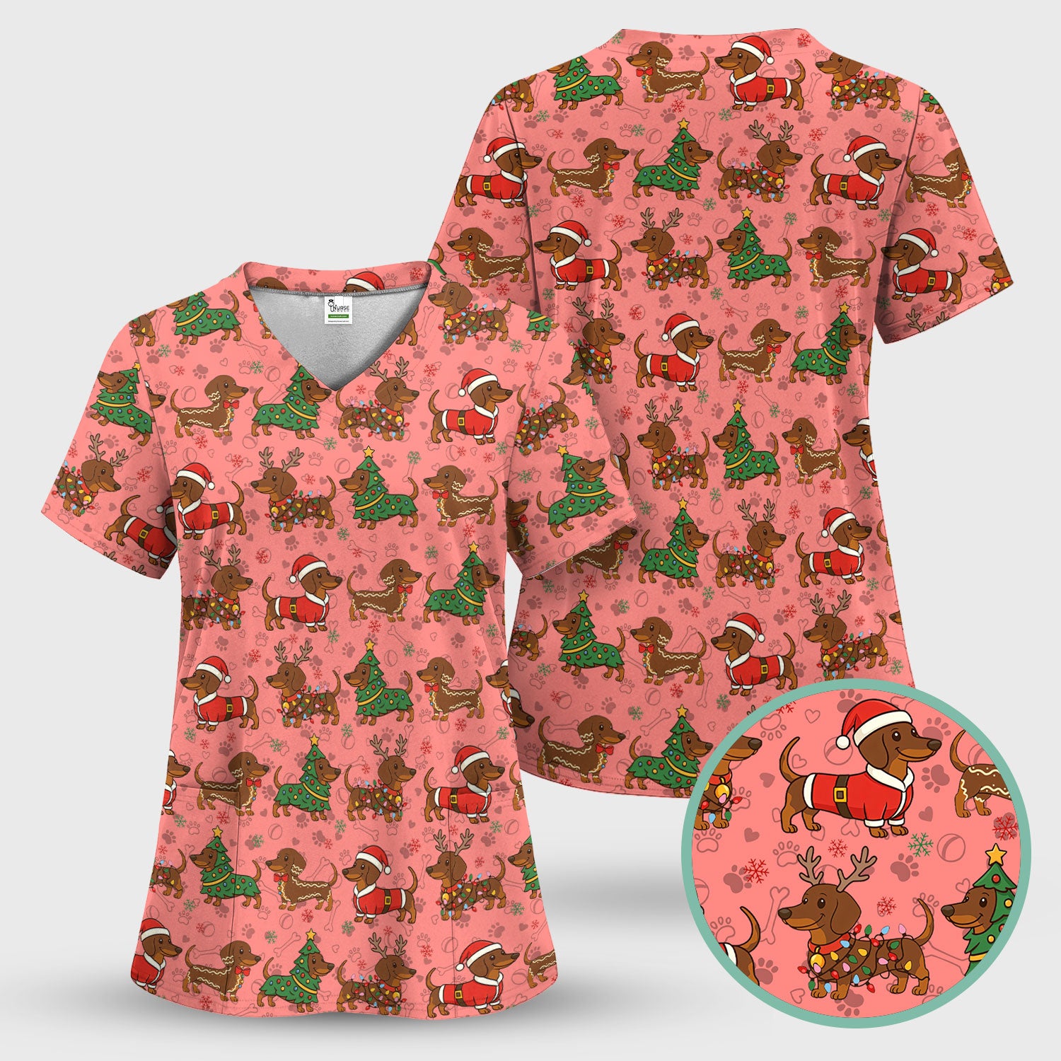 Holiday Dachshund Christmas Scrub Top - Funny Wiener Sausage Dog Nurse Shirt - Adorable Dog Lover Gift for RN CNA LPN