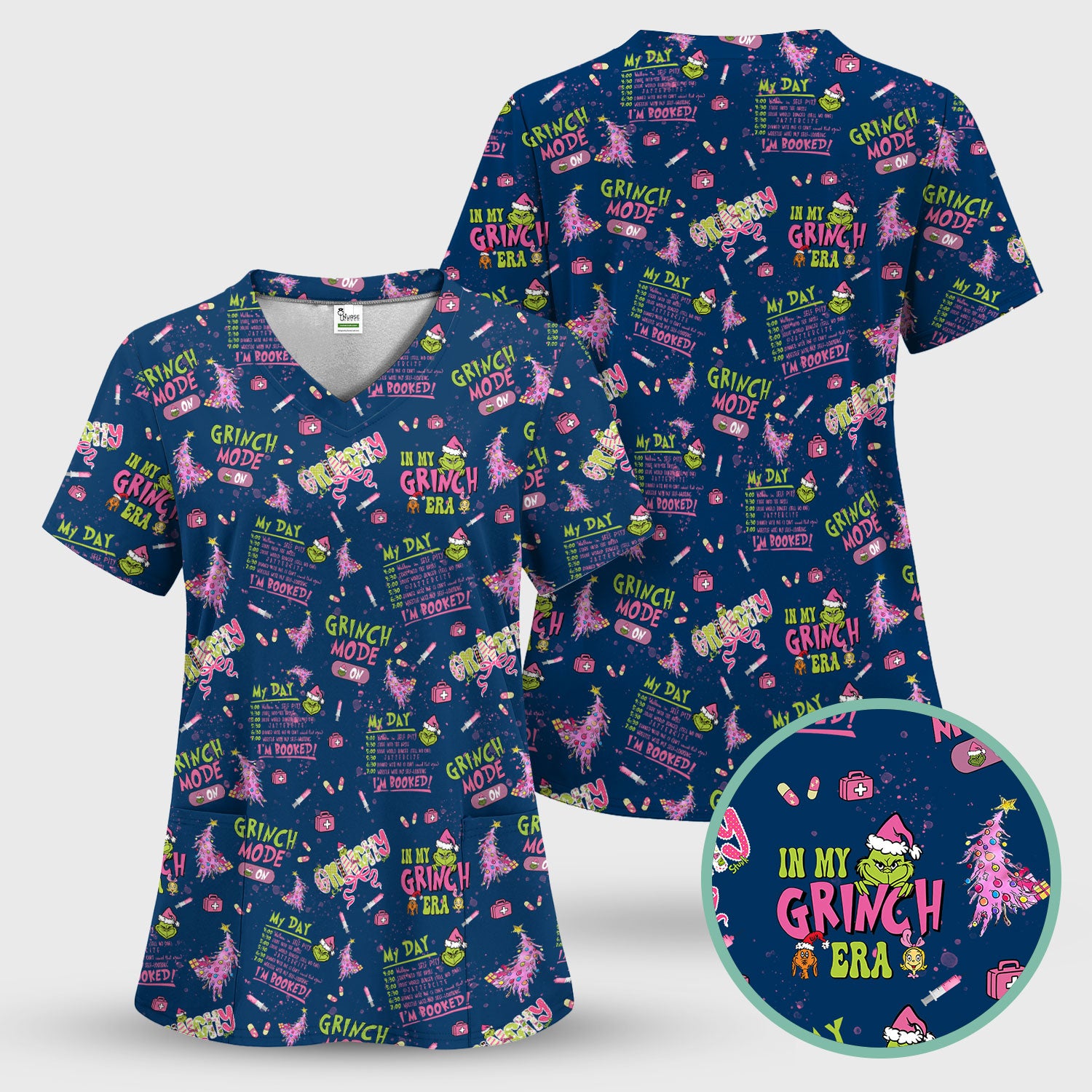 Funny Christmas Scrub Top for Women - Grinch Mode On Holiday Nurse Uniform Shirt - Pink Grinchmas Gift for RN CNA LPN
